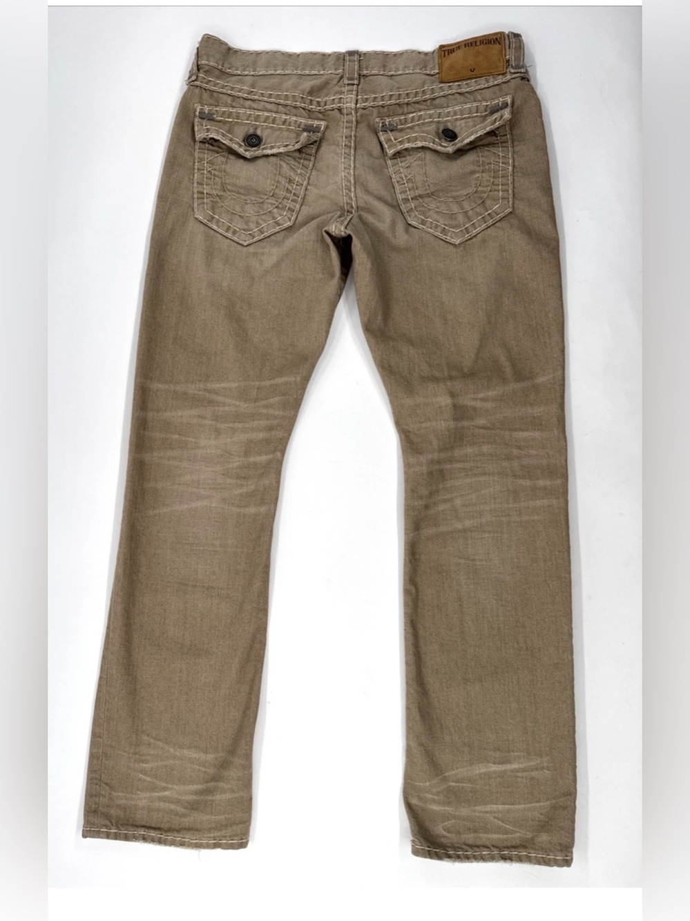 True Religion Tan Jeans Mens 38x34 Ricky Relaxed Denim Thick Stitch SuperT Flap